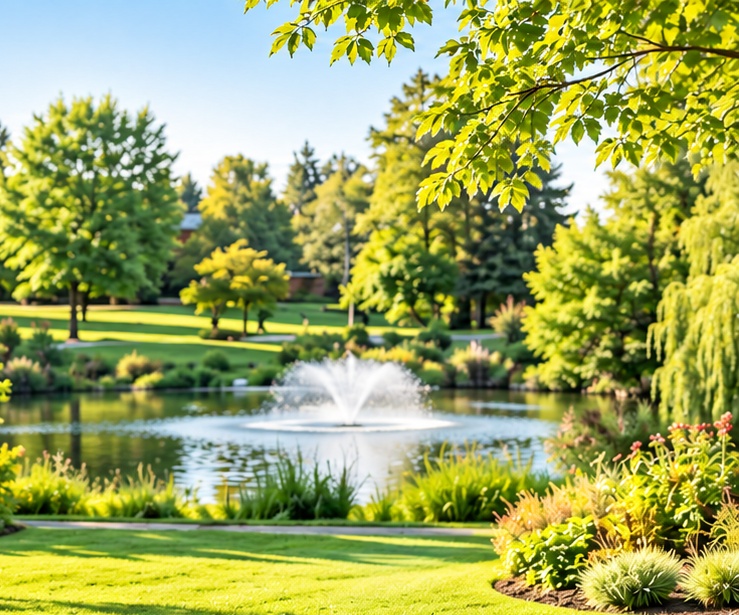 Sunlit trees and a tranquil park pond with a fountain